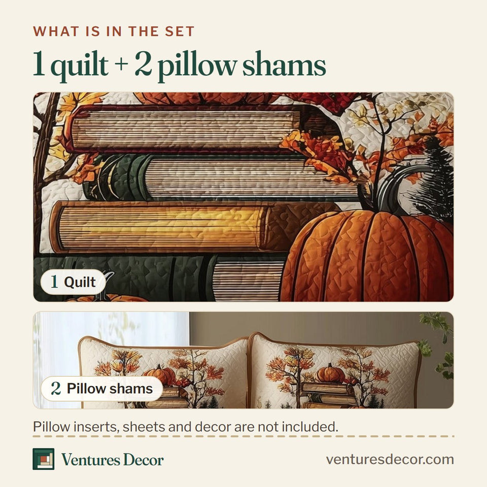 What is in the set: one quilt and two pillow shams, shown in the Pumpkin Book Stack Maples design