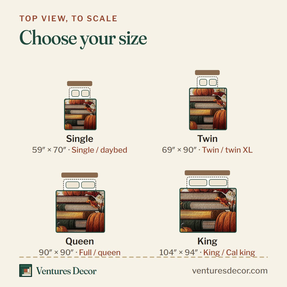 Size guide for the Pumpkin Book Stack Maples quilt, top view to scale: Single 59 x 70 in, Twin 69 x 90 in, Queen 90 x 90 in, King 104 x 94 in