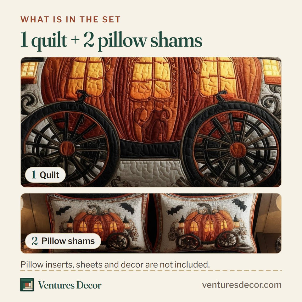 What is in the set: one quilt and two pillow shams, shown in the Pumpkin Carriage Night Ride design