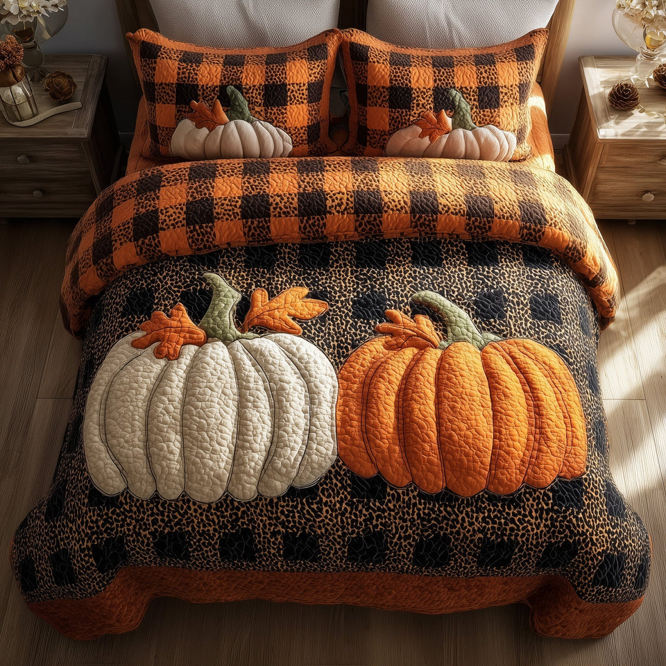 Pumpkin Charm Buffalo Check and Leopard quilted bedding set, quilt and two pillow shams on a made bed