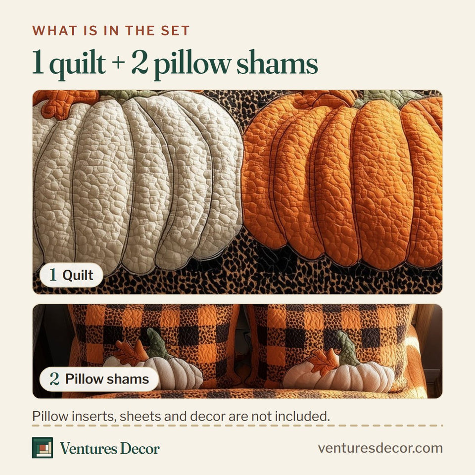 What is in the set: one quilt and two pillow shams, shown in the Pumpkin Charm Buffalo Check and Leopard design