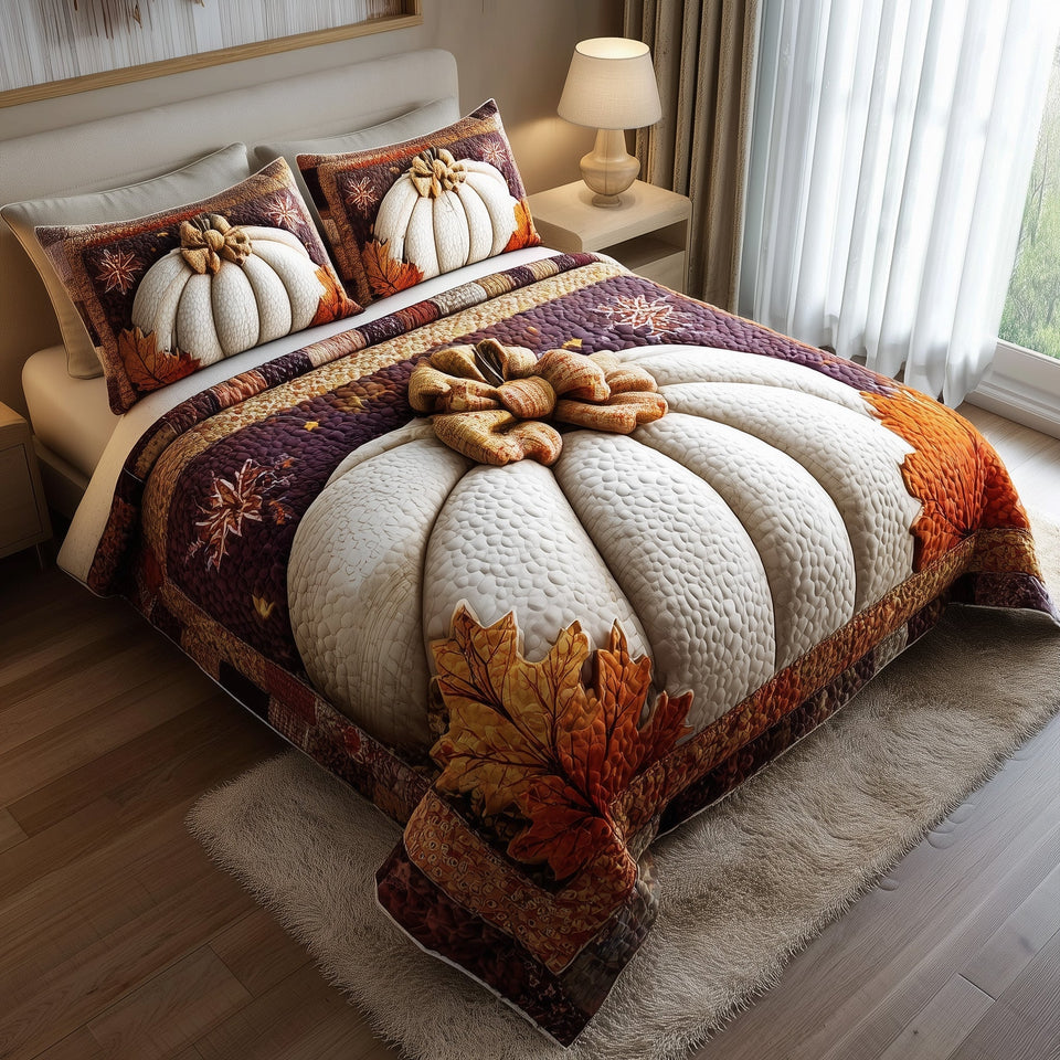 Pumpkin Charm White Pumpkin with a Bow quilted bedding set, quilt and two pillow shams on a made bed