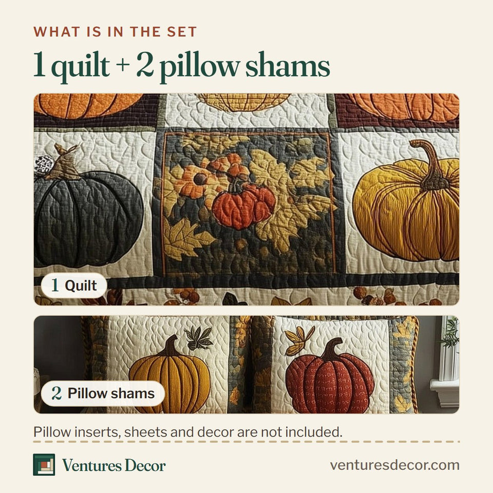 What is in the set: one quilt and two pillow shams, shown in the Pumpkin Checker Harvest design
