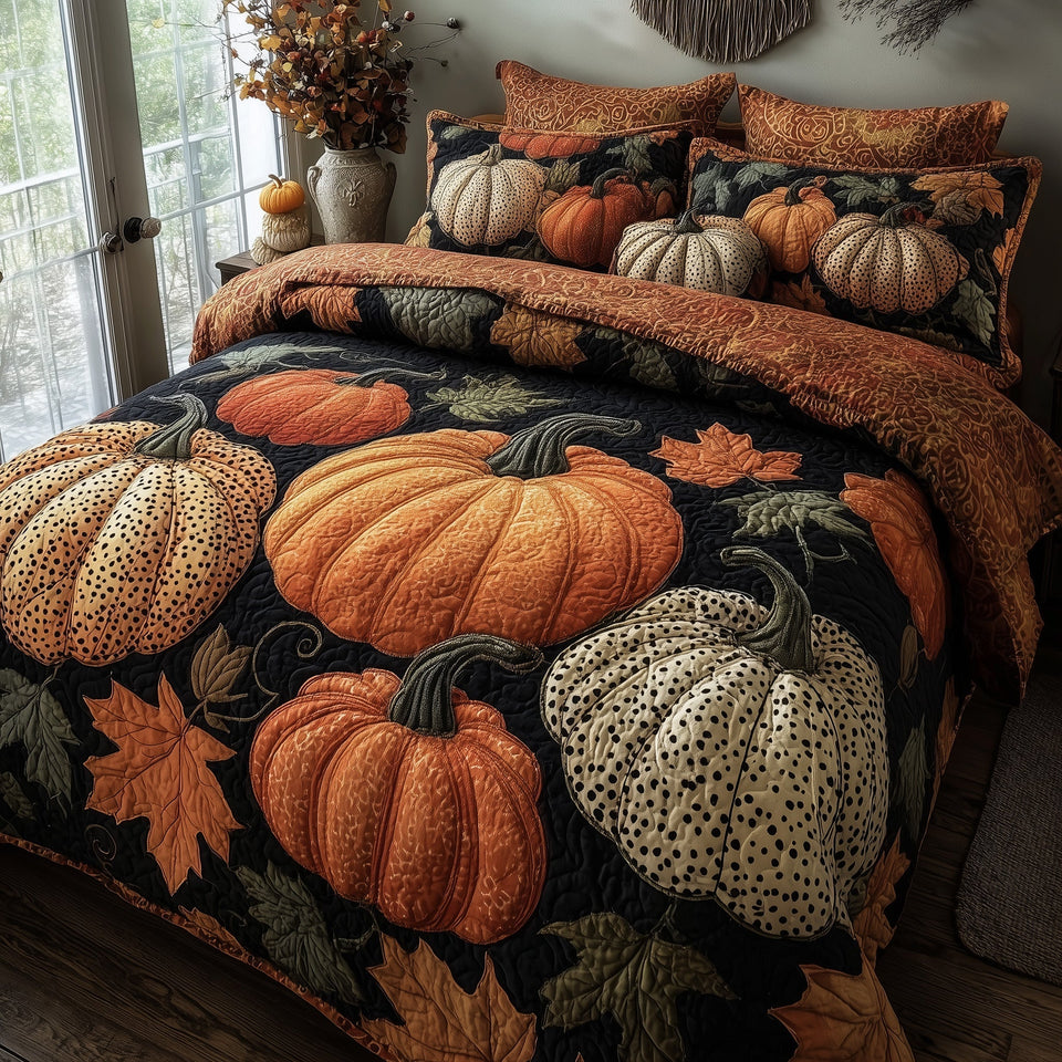 Pumpkin Delight Black Ground Leaves quilted bedding set, quilt and two pillow shams on a made bed