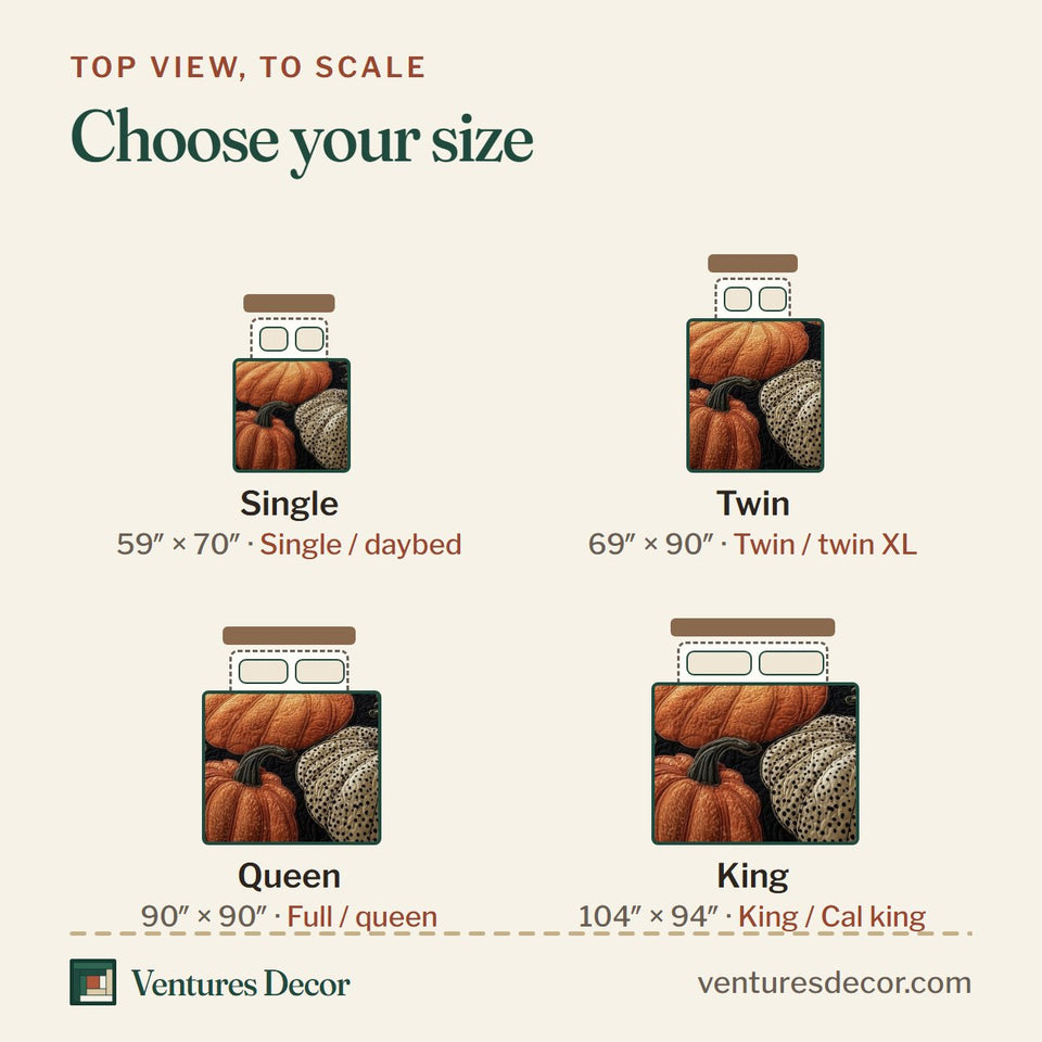 Size guide for the Pumpkin Delight Black Ground Leaves quilt, top view to scale: Single 59 x 70 in, Twin 69 x 90 in, Queen 90 x 90 in, King 104 x 94 in
