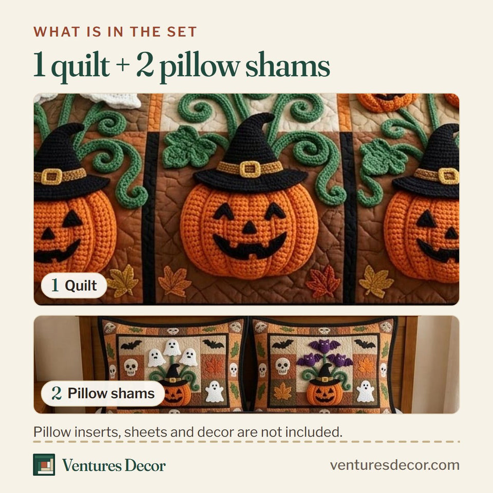 What is in the set: one quilt and two pillow shams, shown in the Pumpkin Garden design