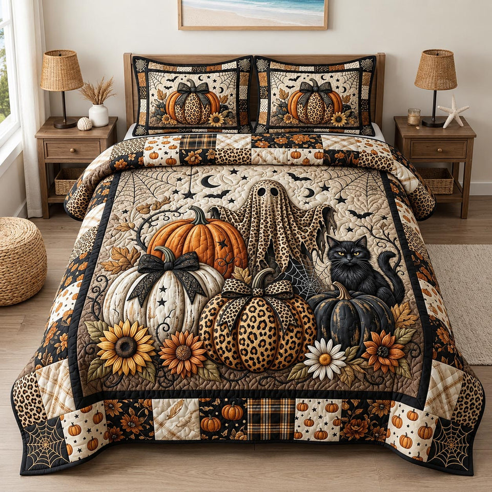 Pumpkin Glam quilted bedding set, quilt and two pillow shams on a made bed