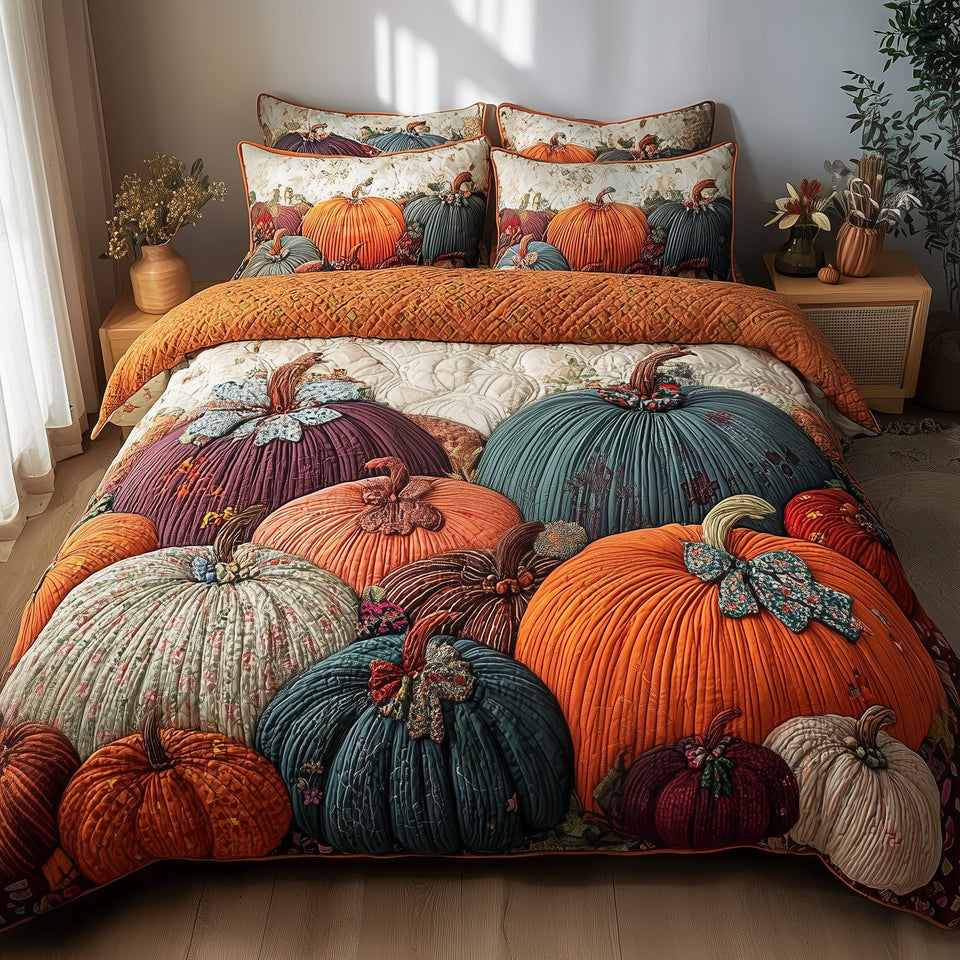 Pumpkin Haven Colorful Cluster on Cream quilted bedding set, quilt and two pillow shams on a made bed