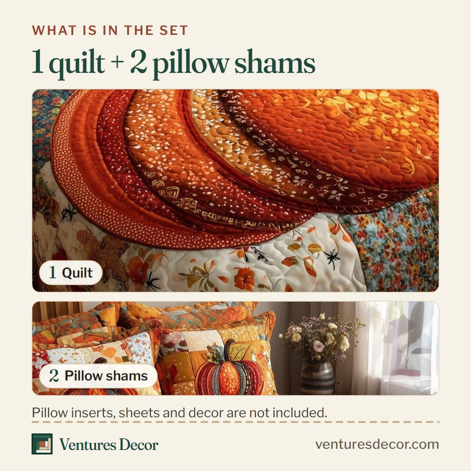 What is in the set: one quilt and two pillow shams, shown in the Pumpkin Haven Ringed Pumpkin on Florals design