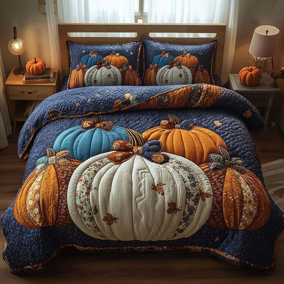 Pumpkin Haven Teal and White on Navy quilted bedding set, quilt and two pillow shams on a made bed