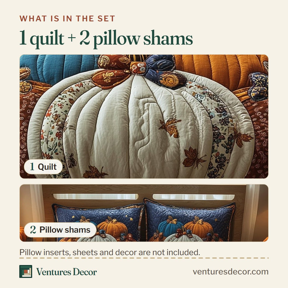What is in the set: one quilt and two pillow shams, shown in the Pumpkin Haven Teal and White on Navy design