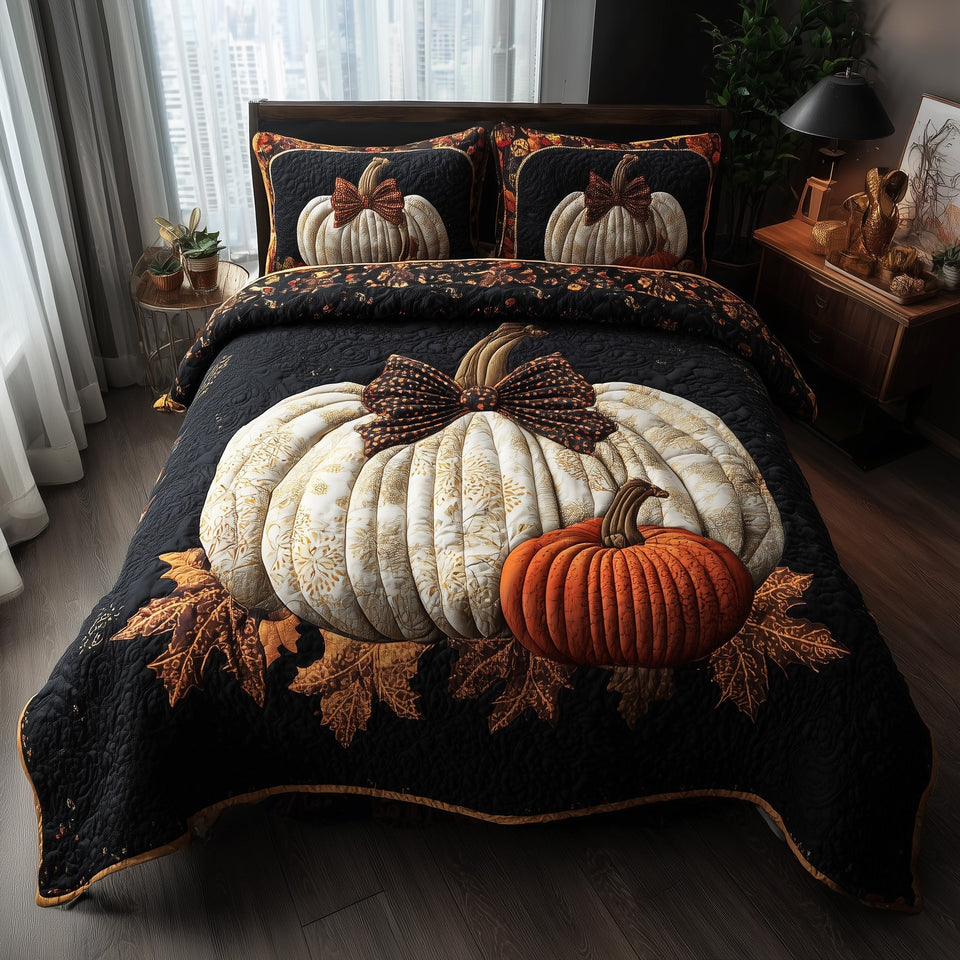 Pumpkin Haven White Pumpkin on Black quilted bedding set, quilt and two pillow shams on a made bed