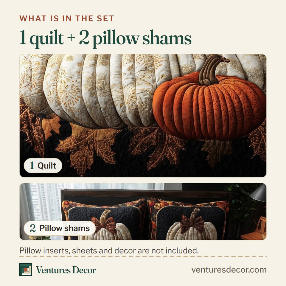 What is in the set: one quilt and two pillow shams, shown in the Pumpkin Haven White Pumpkin on Black design
