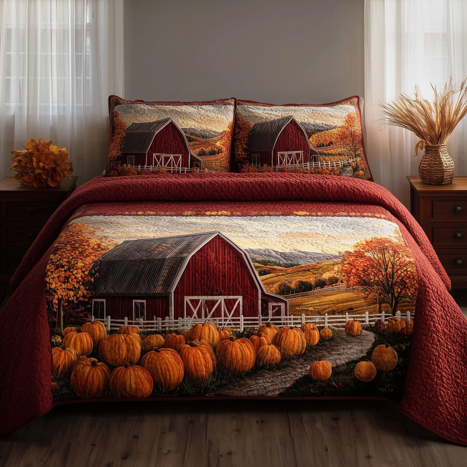 Pumpkin House quilted bedding set, quilt and two pillow shams on a made bed