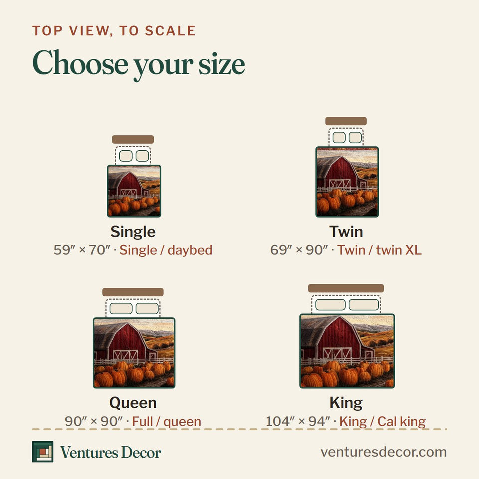 Size guide for the Pumpkin House quilt, top view to scale: Single 59 x 70 in, Twin 69 x 90 in, Queen 90 x 90 in, King 104 x 94 in