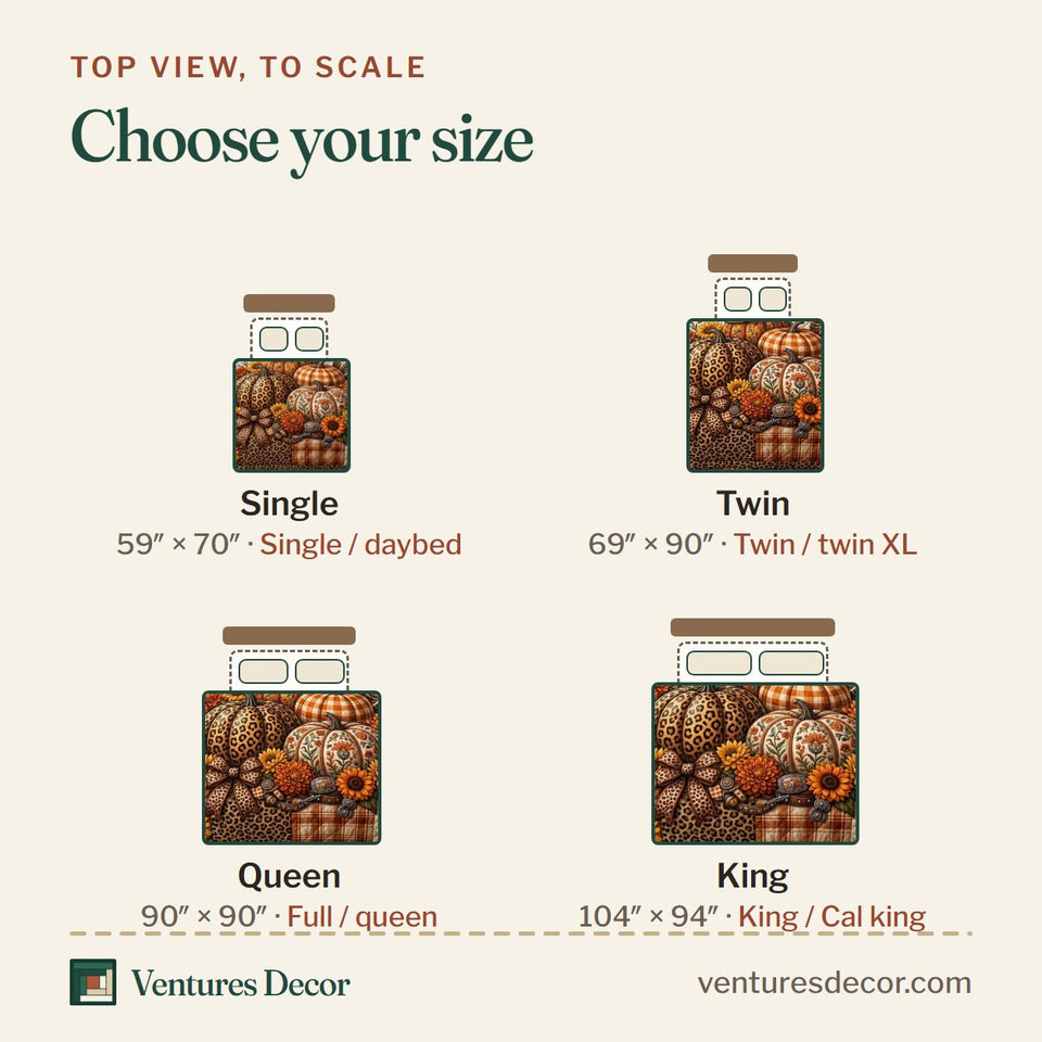 Size guide for the Pumpkin Leopard quilt, top view to scale: Single 59 x 70 in, Twin 69 x 90 in, Queen 90 x 90 in, King 104 x 94 in