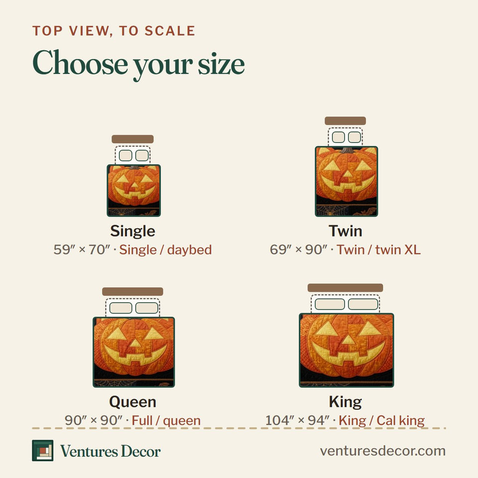 Size guide for the Pumpkin Night quilt, top view to scale: Single 59 x 70 in, Twin 69 x 90 in, Queen 90 x 90 in, King 104 x 94 in