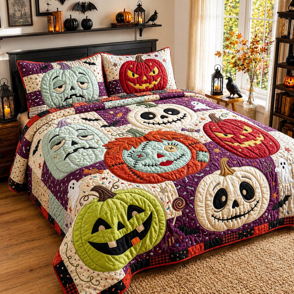 Pumpkin Pal quilted bedding set, quilt and two pillow shams on a made bed