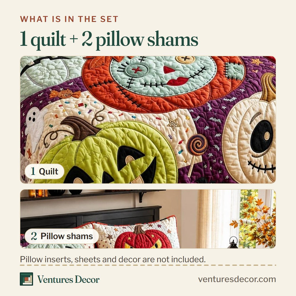 What is in the set: one quilt and two pillow shams, shown in the Pumpkin Pal design