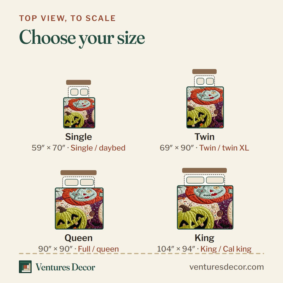 Size guide for the Pumpkin Pal quilt, top view to scale: Single 59 x 70 in, Twin 69 x 90 in, Queen 90 x 90 in, King 104 x 94 in