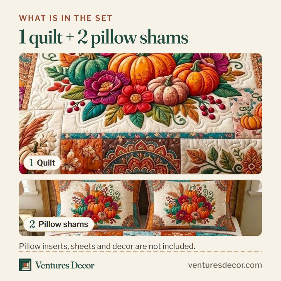 What is in the set: one quilt and two pillow shams, shown in the Pumpkin Patch Autumn Vibes design