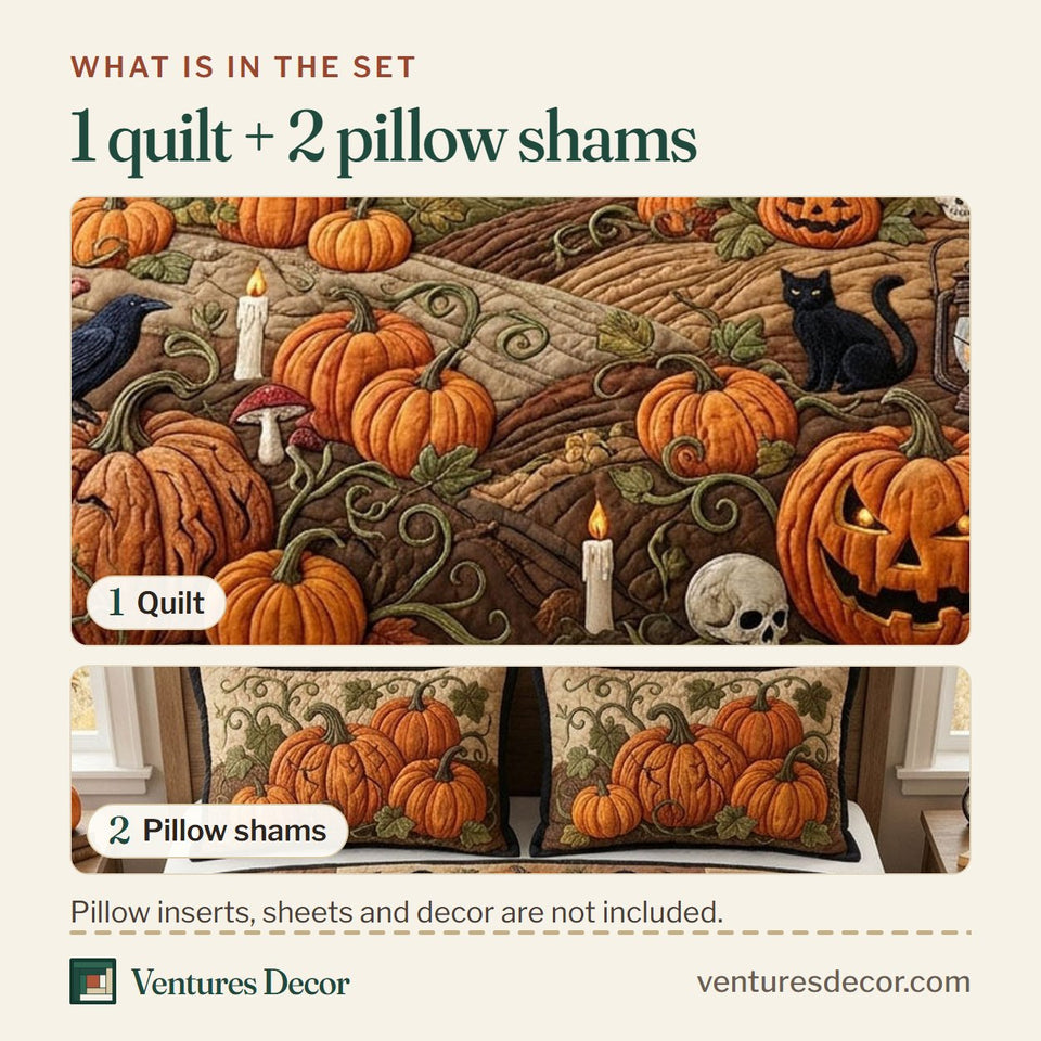 What is in the set: one quilt and two pillow shams, shown in the Pumpkin Patch Cat and Crow Field design