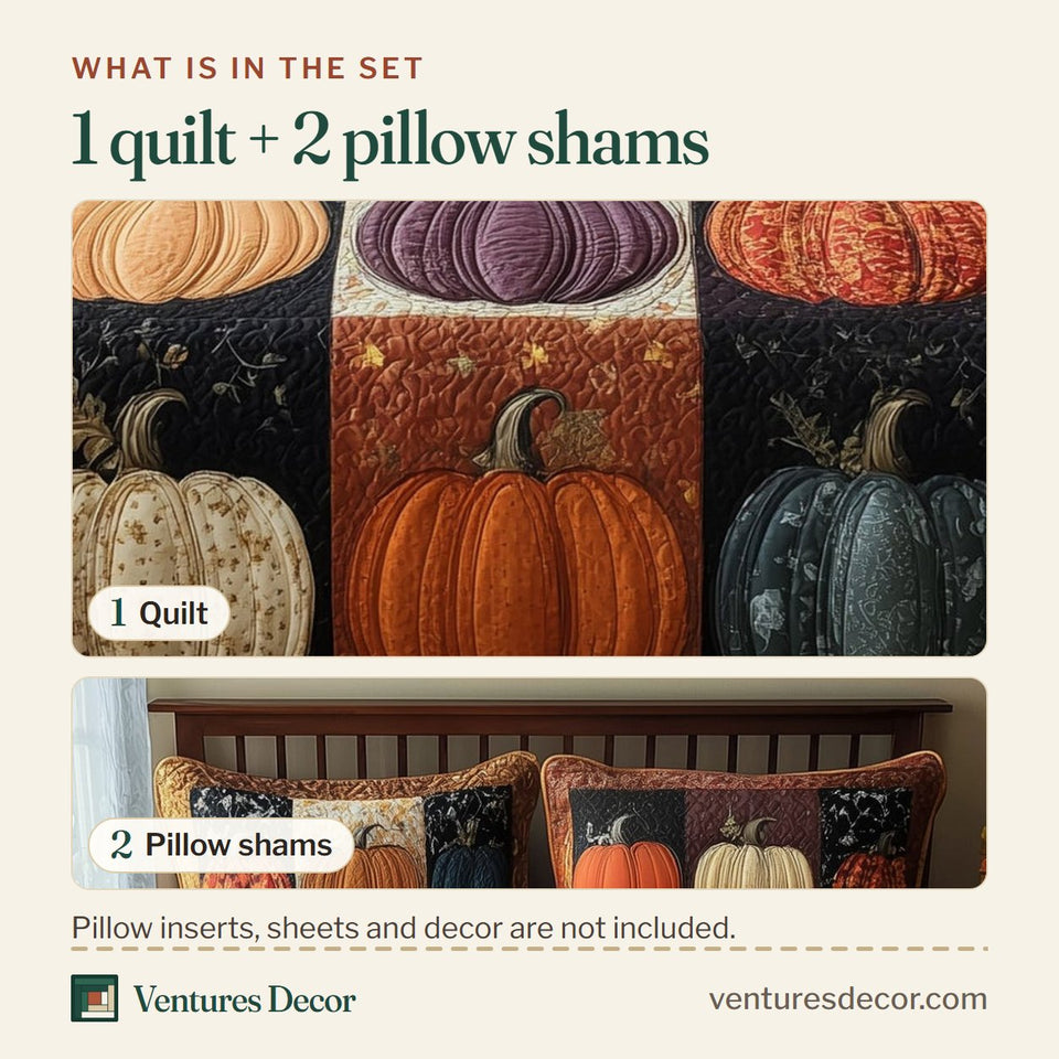 What is in the set: one quilt and two pillow shams, shown in the Pumpkin Patch Checkerboard design