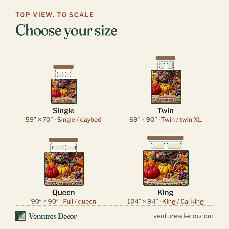 Size guide for the Pumpkin Patch Cozy Fall quilt, top view to scale: Single 59 x 70 in, Twin 69 x 90 in, Queen 90 x 90 in, King 104 x 94 in