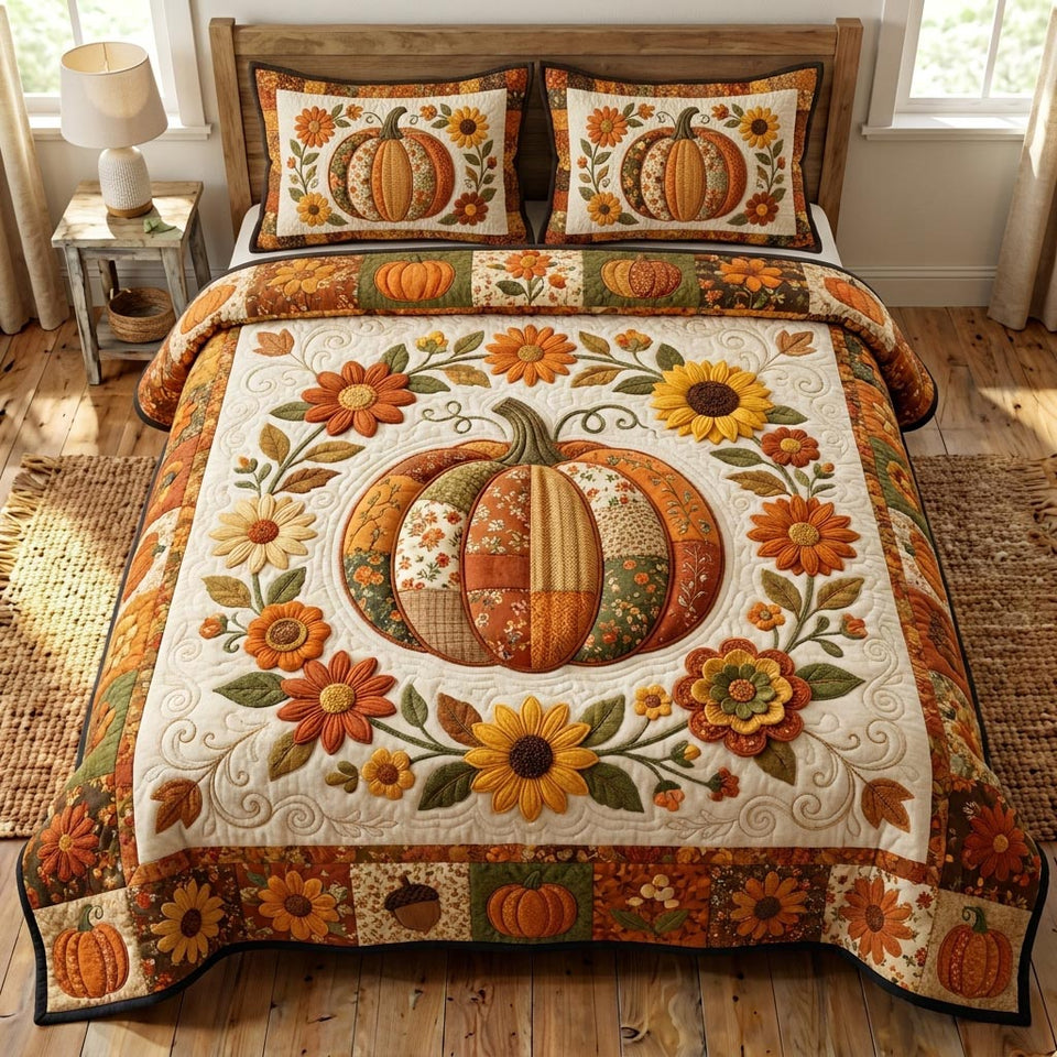 Pumpkin Patch Cream Floral Wreath quilted bedding set, quilt and two pillow shams on a made bed