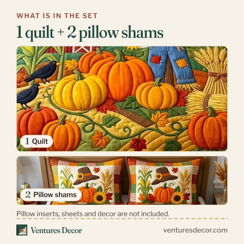 What is in the set: one quilt and two pillow shams, shown in the Pumpkin Patch Fall Festival design