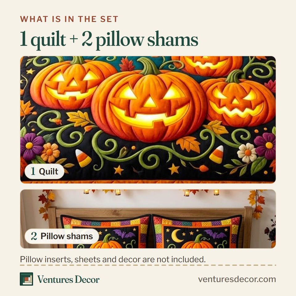 What is in the set: one quilt and two pillow shams, shown in the Pumpkin Patch in Black design