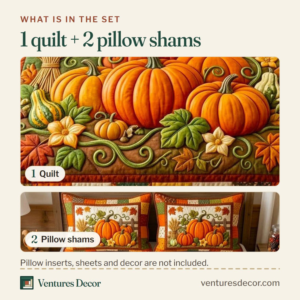 What is in the set: one quilt and two pillow shams, shown in the Pumpkin Patch in Burgundy design