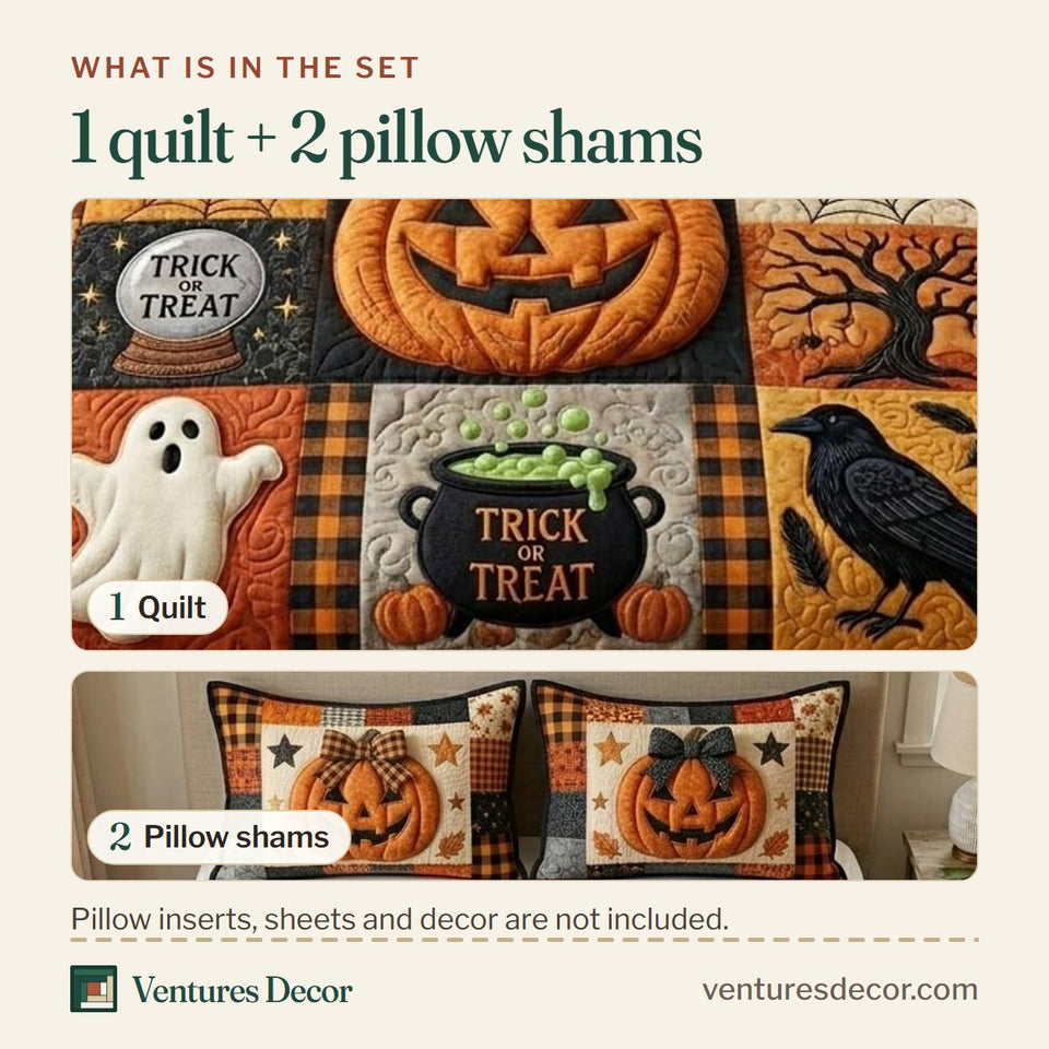 What is in the set: one quilt and two pillow shams, shown in the Pumpkin Patch Midnight Trick Blocks design