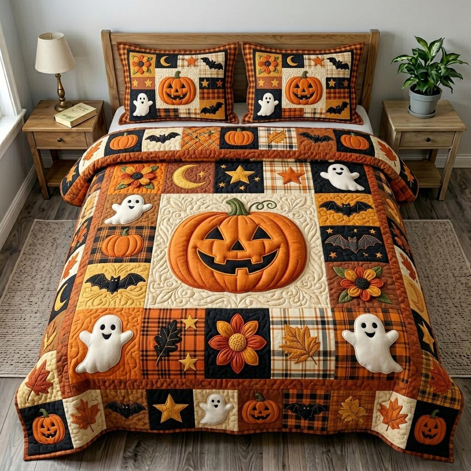 Pumpkin Patch Orange Ghost Squares quilted bedding set, quilt and two pillow shams on a made bed