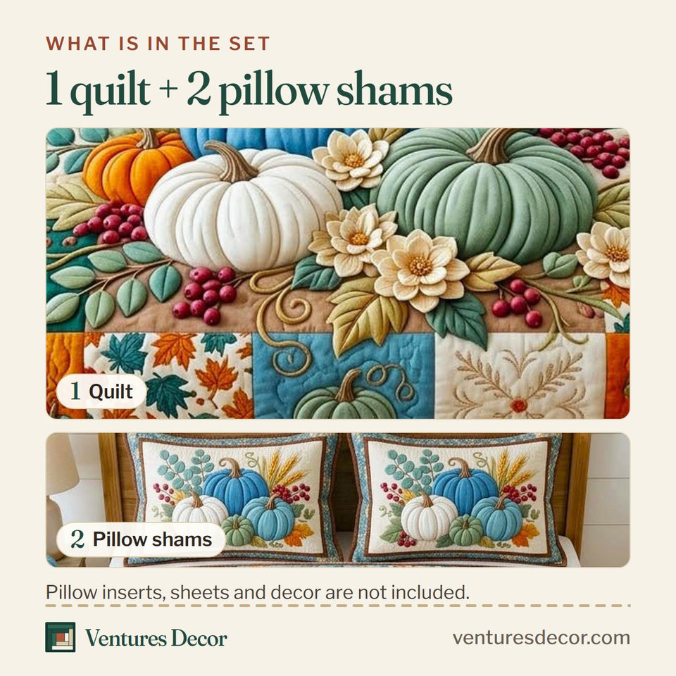 What is in the set: one quilt and two pillow shams, shown in the Pumpkin Patch Pumpkin Season design