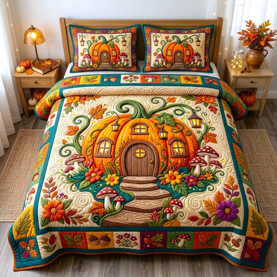 Pumpkin Patch quilted bedding set, quilt and two pillow shams on a made bed