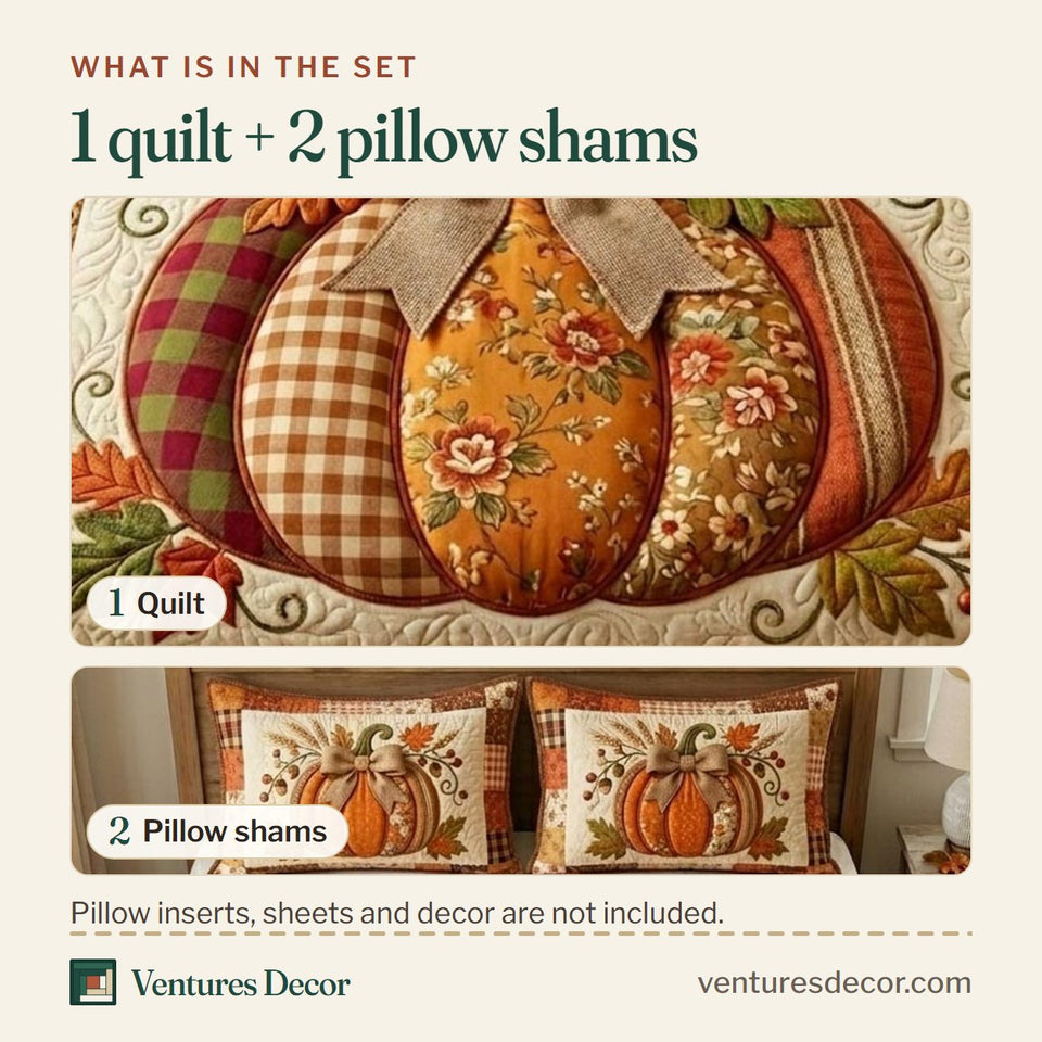 What is in the set: one quilt and two pillow shams, shown in the Pumpkin Patch Ribbon Bow Harvest design