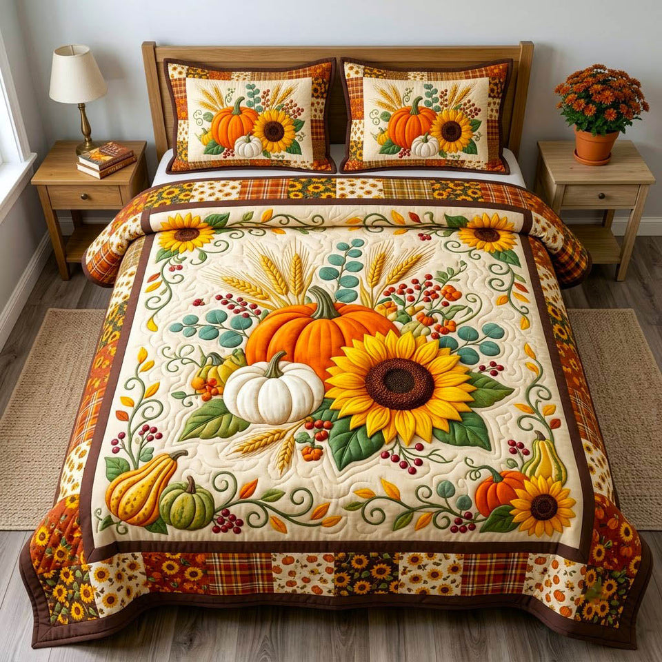 Pumpkin Patch Rustic Autumn quilted bedding set, quilt and two pillow shams on a made bed