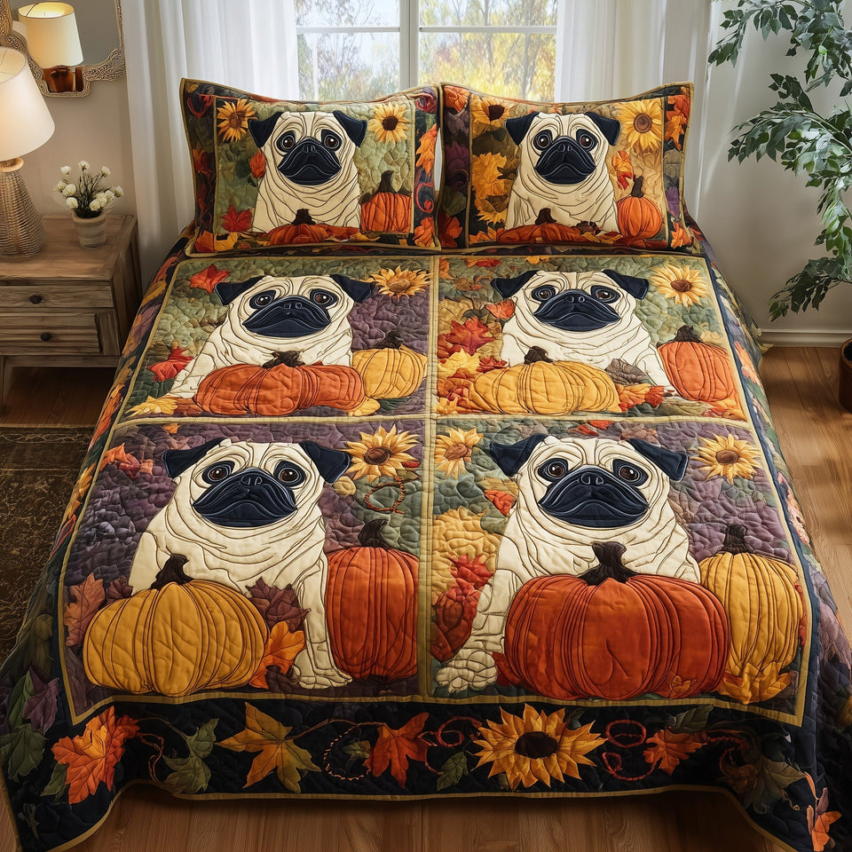 Pumpkin Pug Four Block Quilt quilted bedding set, quilt and two pillow shams on a made bed