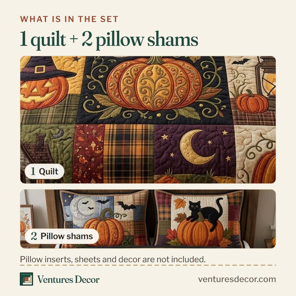 What is in the set: one quilt and two pillow shams, shown in the Pumpkin Season design