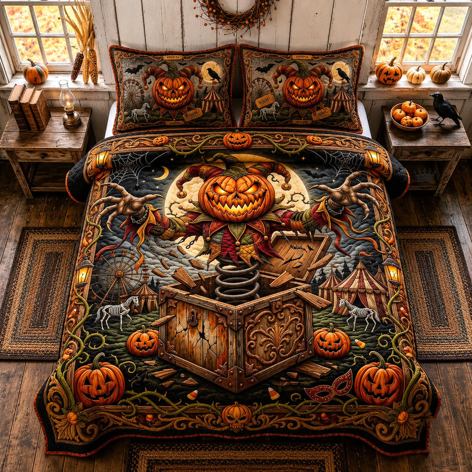 Pumpkin Sorcery quilted bedding set, quilt and two pillow shams on a made bed