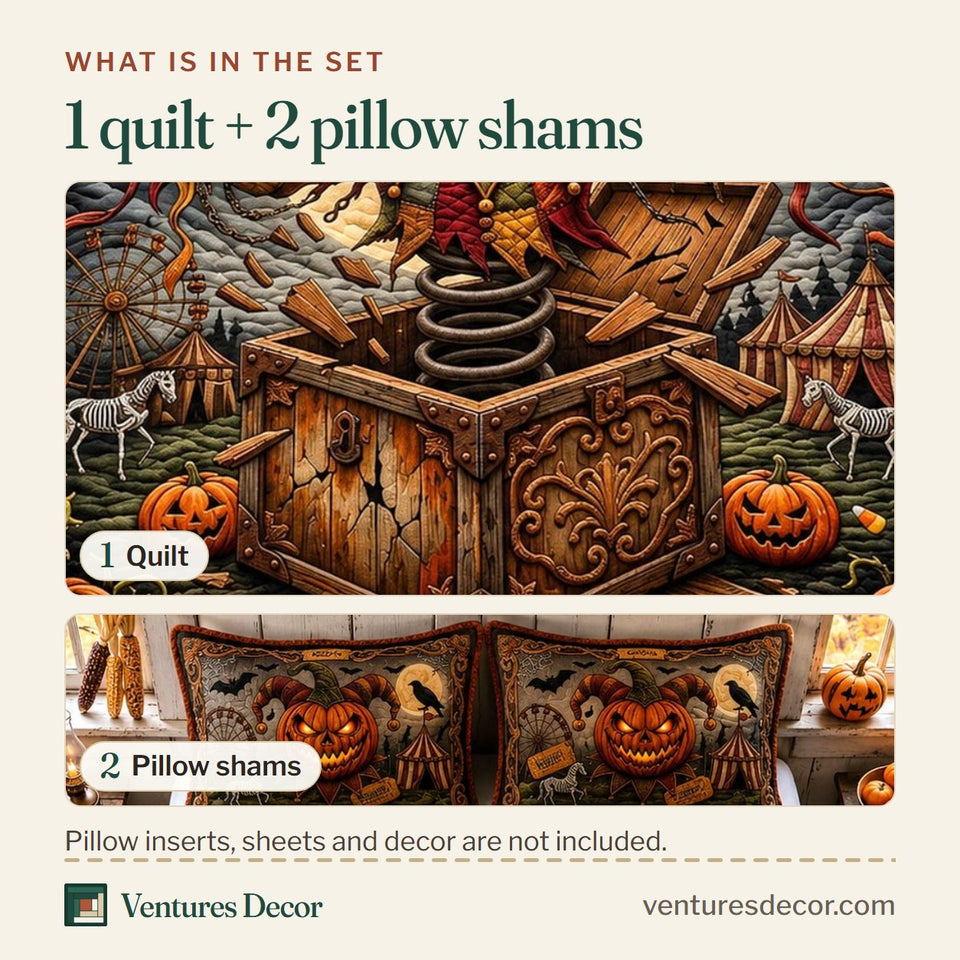 What is in the set: one quilt and two pillow shams, shown in the Pumpkin Sorcery design