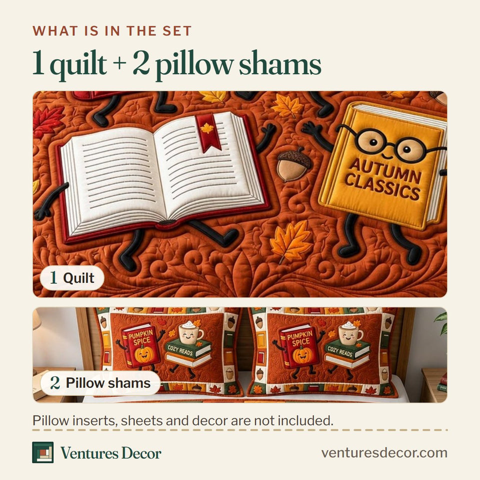 What is in the set: one quilt and two pillow shams, shown in the Pumpkin Spice Reading Nook design