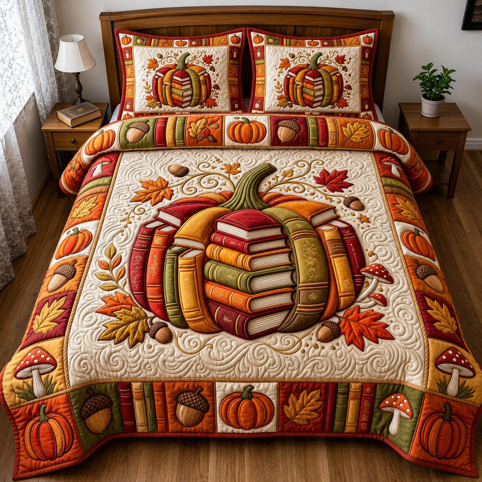 Pumpkin Stack Library quilted bedding set, quilt and two pillow shams on a made bed