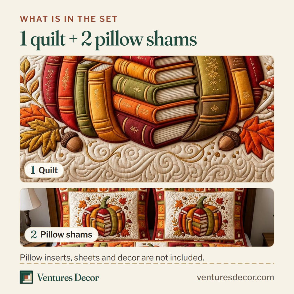 What is in the set: one quilt and two pillow shams, shown in the Pumpkin Stack Library design