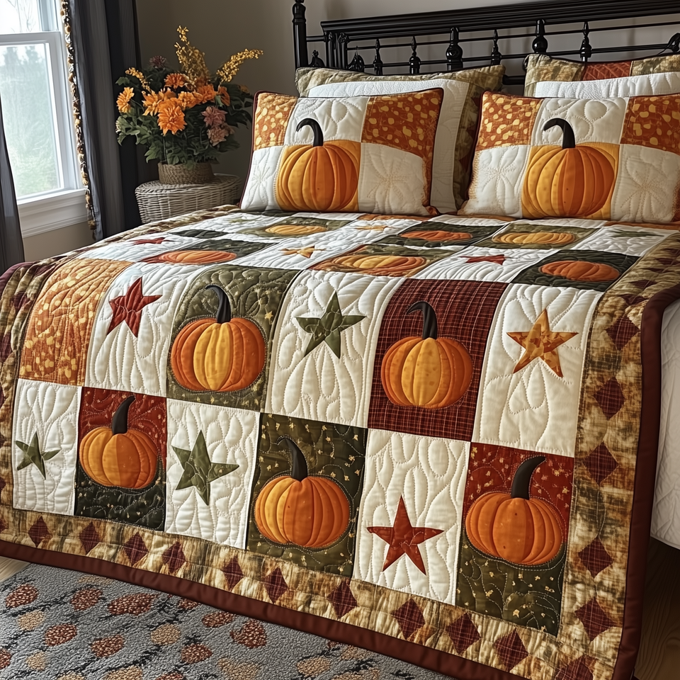 Pumpkin Star Block Patchwork quilted bedding set, quilt and two pillow shams on a made bed
