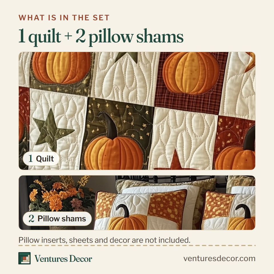 What is in the set: one quilt and two pillow shams, shown in the Pumpkin Star Block Patchwork design