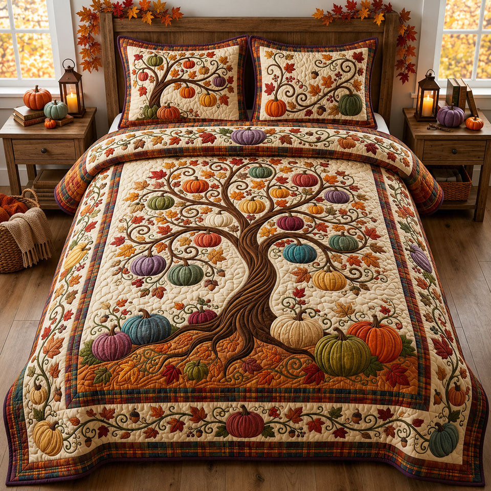 Pumpkin Tree quilted bedding set, quilt and two pillow shams on a made bed