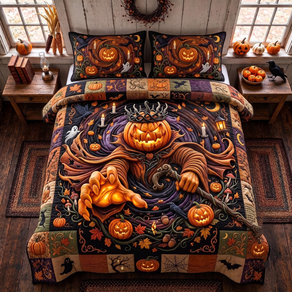 Pumpkin Vortex quilted bedding set, quilt and two pillow shams on a made bed