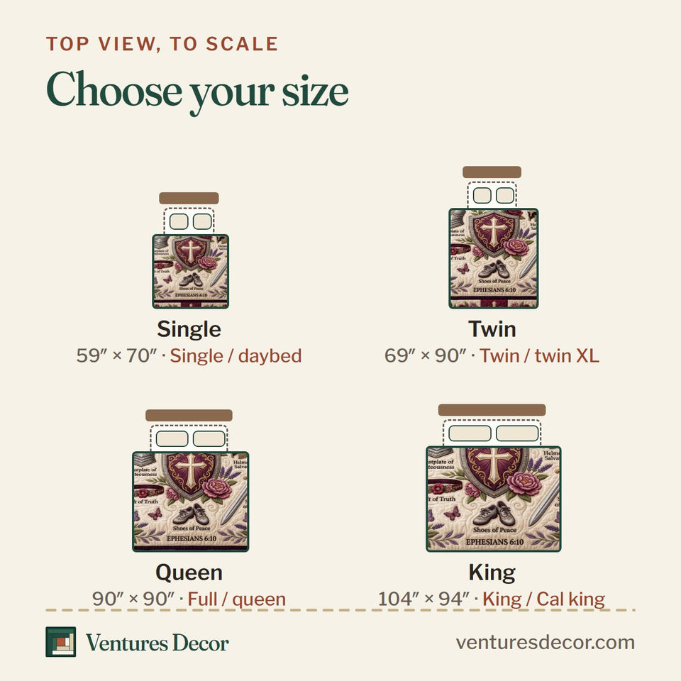 Size guide for the Purple Armor Prayer quilt, top view to scale: Single 59 x 70 in, Twin 69 x 90 in, Queen 90 x 90 in, King 104 x 94 in